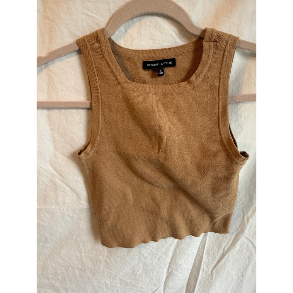 Kendall & Kylie Brown Ribbed Knit Crop Tank Top Sleeveless Scoop Neck Small